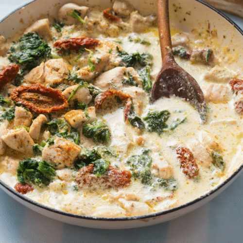 Creamy Healthy Tuscan Chicken in a Cast Iron Skillet with Parmesan Cheese