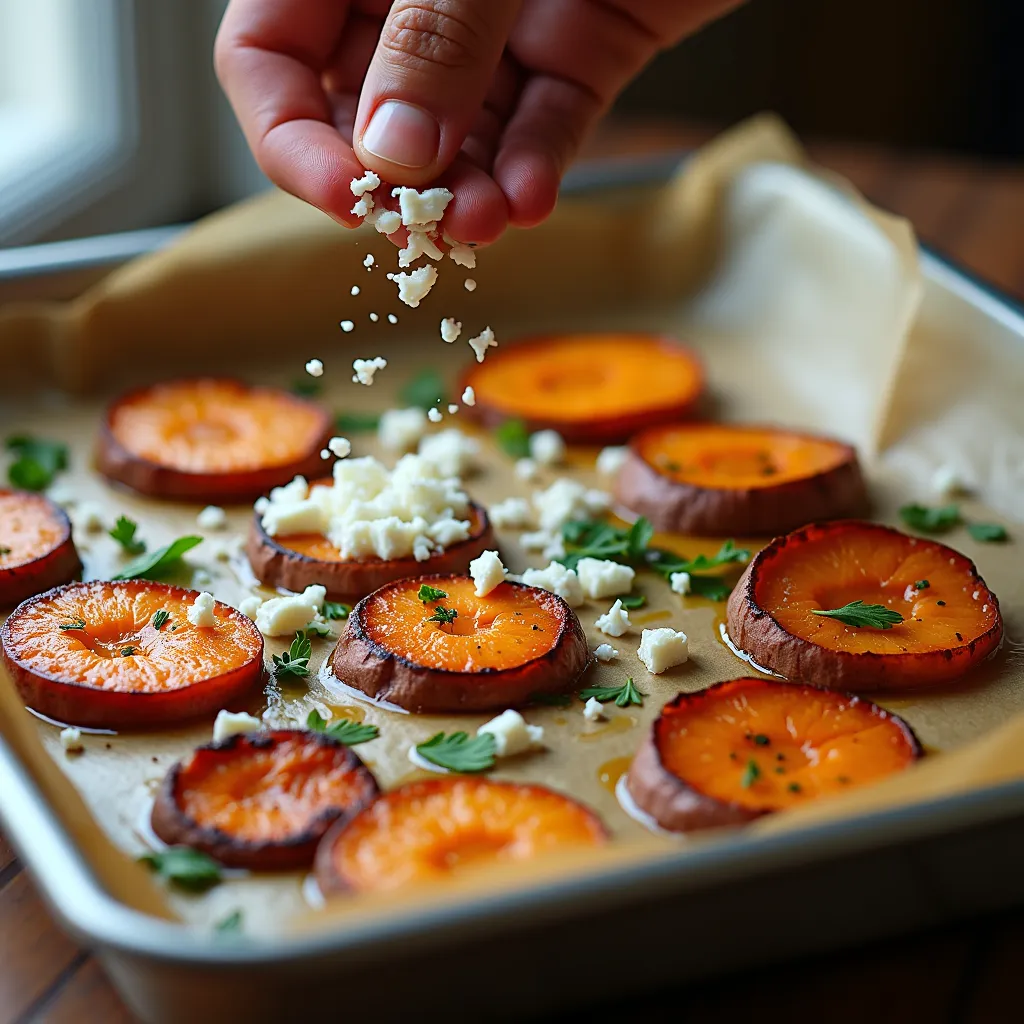 Roasted Sweet Potato Rounds with Herbs and Feta (processing)