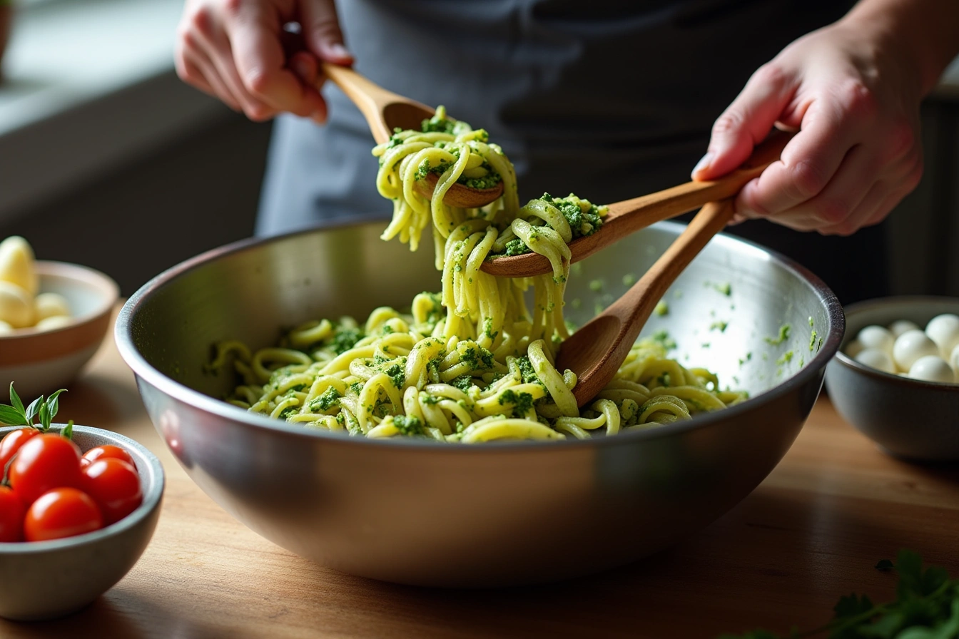 pesto caprese pasta salad step by step